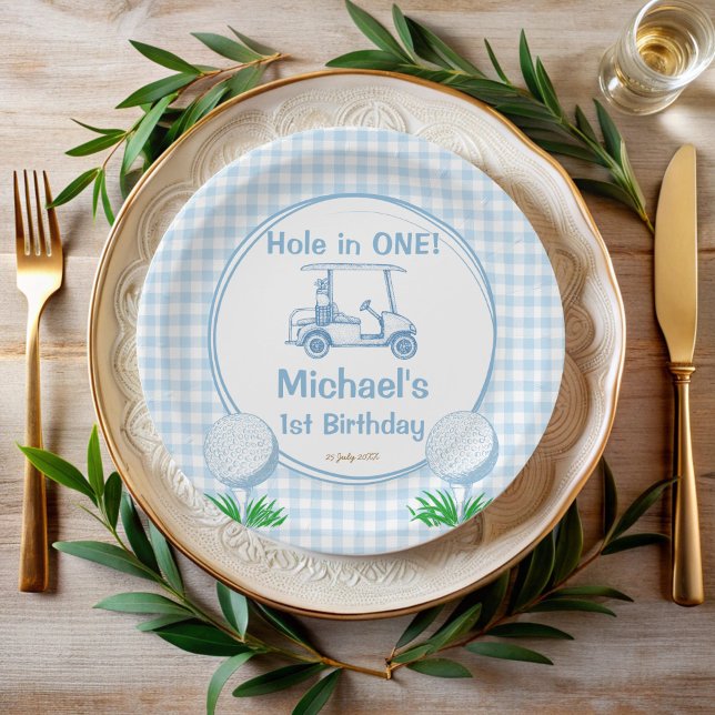 Assiettes En Carton Trou dans un en vichy de golf bleu monogrammed (Hole in one blue gingham golf 1st birthday party monogrammed paper plates personalized table decor)