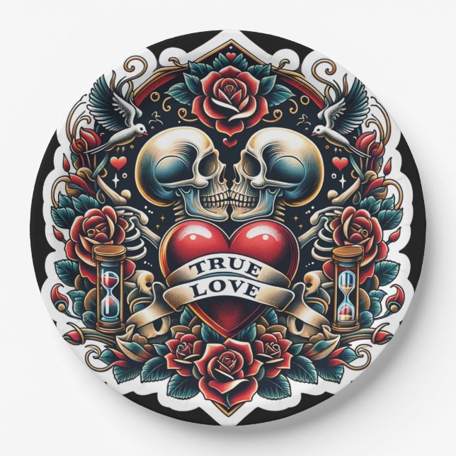 Assiettes En Carton True Love Skeleton Heart Tattoo Mariage (Devant)