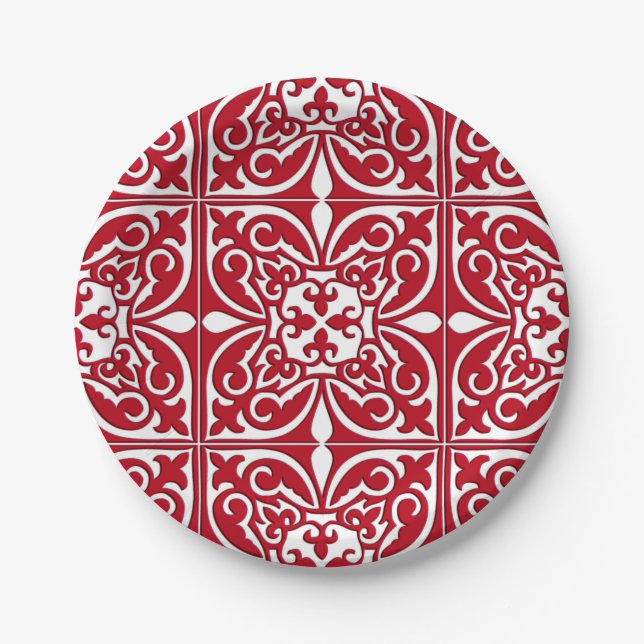 Assiettes En Carton Tuile marocaine - rouge foncé et blanche (Devant)