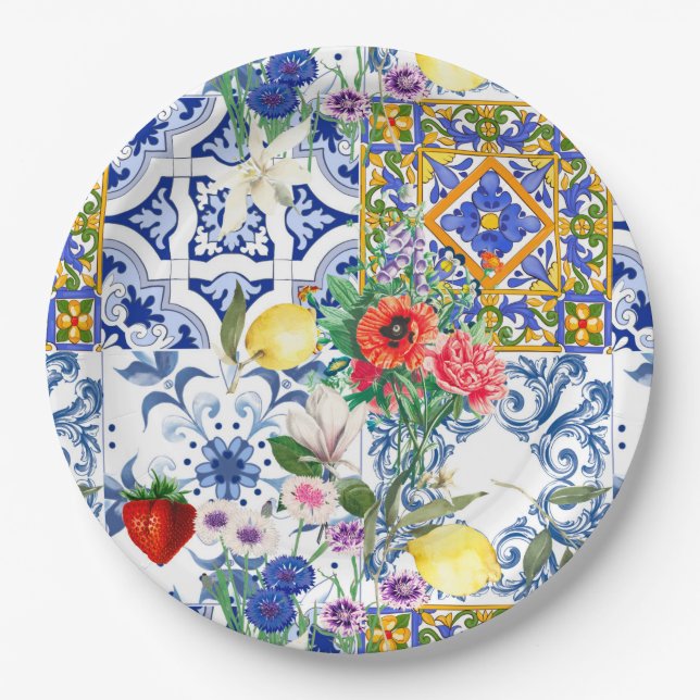 Assiettes En Carton tuiles méditerranéennes, citron, fleurs, majolica, (Devant)