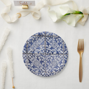 Assiettes En Carton Tuiles portugaises - Azulejo Floral bleu et blanc