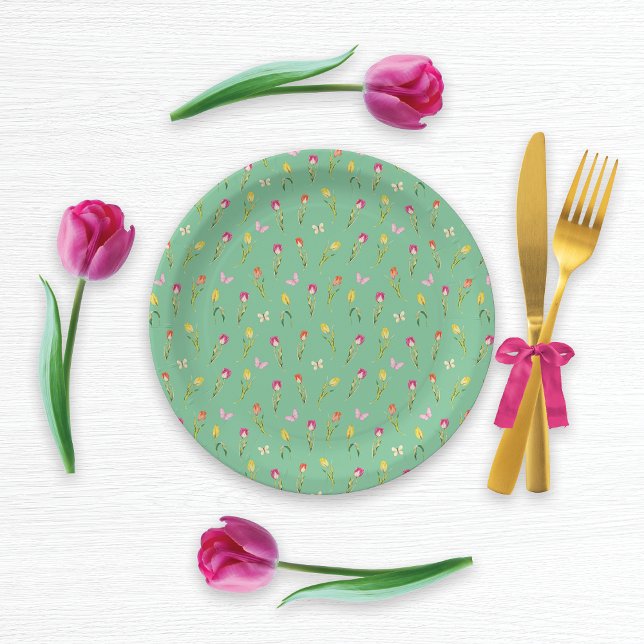 Assiettes En Carton Tulipes et papillons Motif vert (Créateur téléchargé)