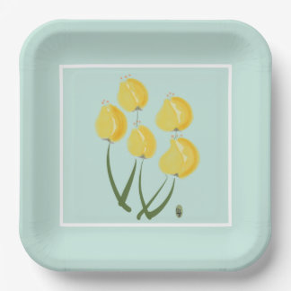 Assiettes En Carton Tulipes Jaunes & Plaque de Papier Vert Doux