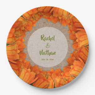 Assiettes En Carton Tulipes orange sur plaques de papier Motif Kraft