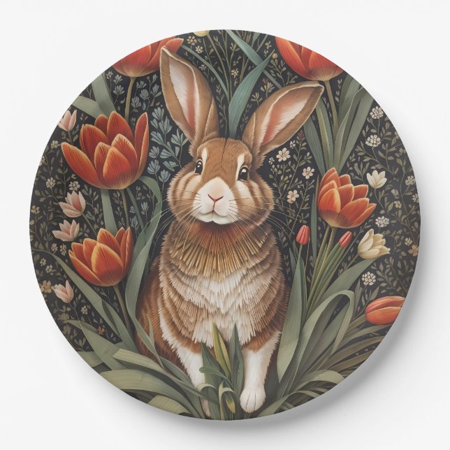Assiettes En Carton Tulipes rouges Brown de lapin William Morris inspi (Devant)