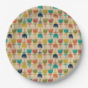 Assiettes En Carton Tulipes Scandi Rétro Motif Floral Moyen-siècle