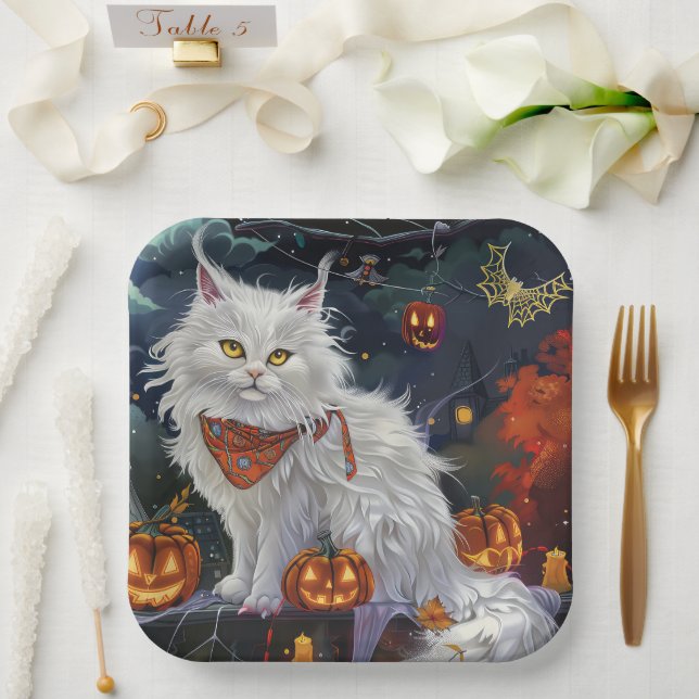 Assiettes En Carton Turc Angora Chat Halloween Éffrayant (Mariage)