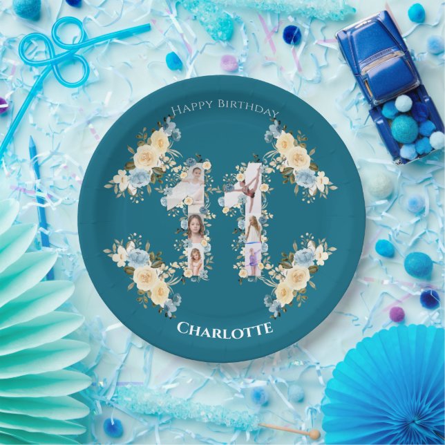 Assiettes En Carton Turquoise 11e anniversaire Photo Collage Fleur Jau (Fête)