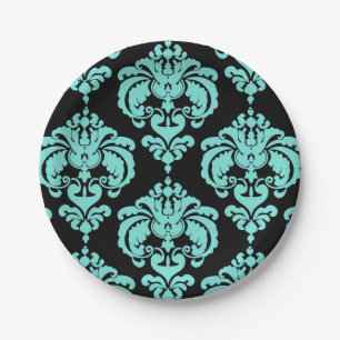 Assiettes En Carton Turquoise Aqua & Black Damask Vintage Wedding Even