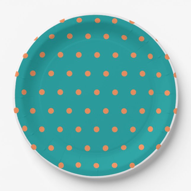 Assiettes En Carton Turquoise Blanc Brûlé Orange Pois (Devant)