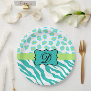 Assiettes En Carton Turquoise Blanc Vert Zèbre Léopard Monogramme de p