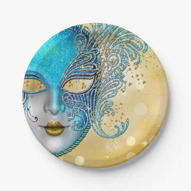 Assiettes En Carton Turquoise Blue Gold Masquerade (Devant)