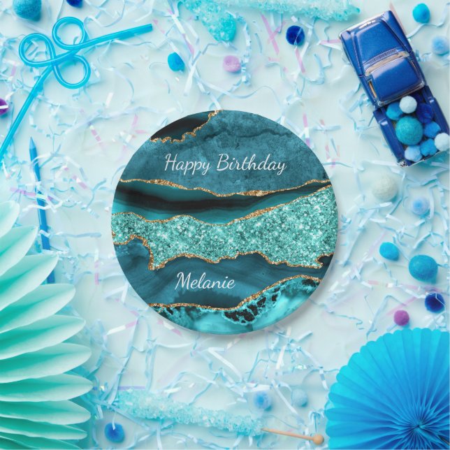 Assiettes En Carton Turquoise Blue Gold Nom personnalisé Plaques papie (Fête)