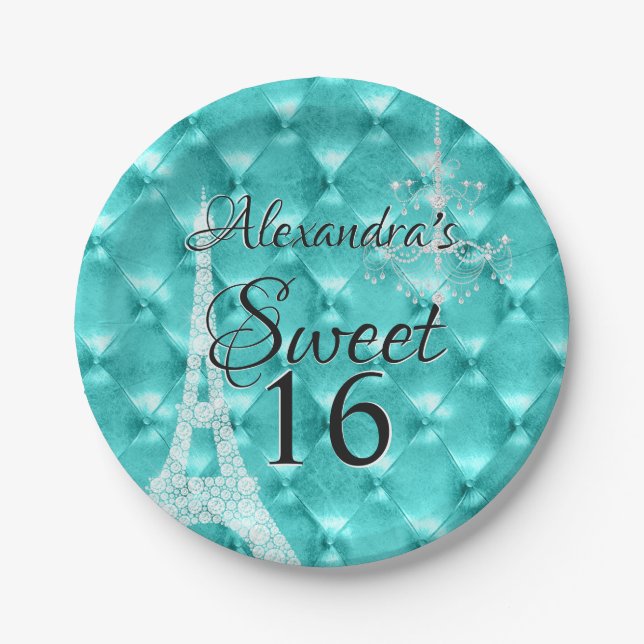 Assiettes En Carton Turquoise Blue Paris Sweet sixteen fête d'annivers (Devant)