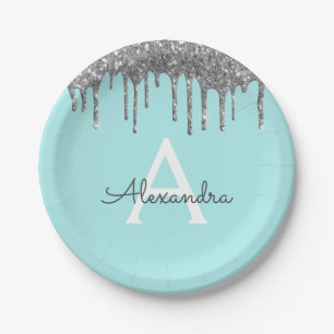 Assiettes En Carton Turquoise Blue Silver Parties scintillant Monogram