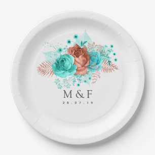 Assiettes En Carton Turquoise et Coral Tropical Floral Mariage