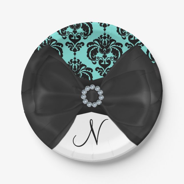 Assiettes En Carton Turquoise et noir Damask Boule de boule Glam Sweet (Devant)