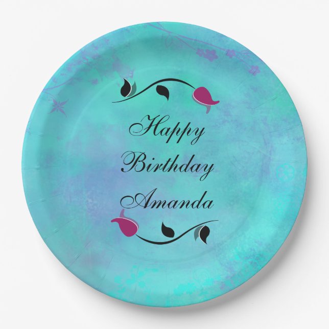 Assiettes En Carton Turquoise et violet avec anniversaire de Rose roug (Devant)