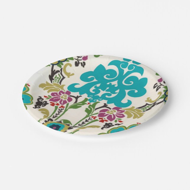Assiettes En Carton Turquoise florale de prune de motifs de damassé (Angle)