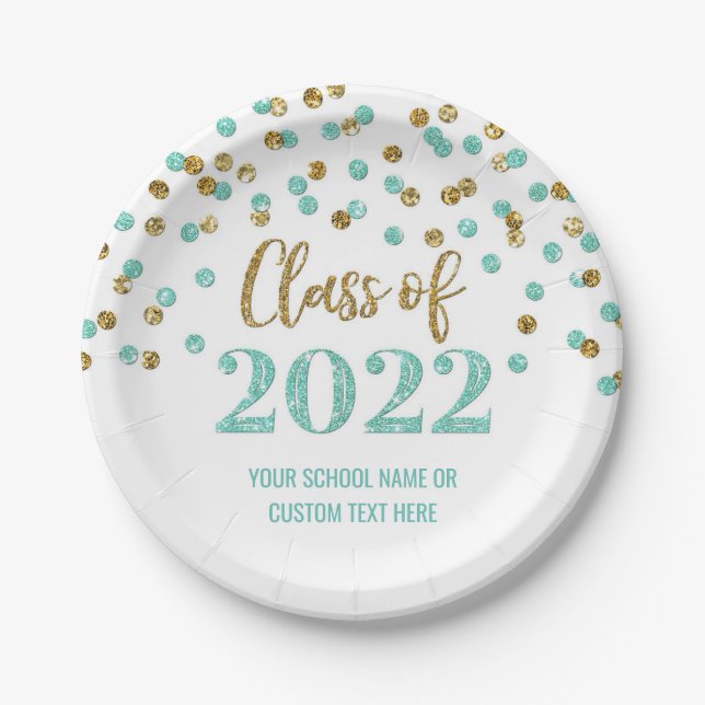 Assiettes En Carton Turquoise Gold Confetti Graduation 2022 (Devant)