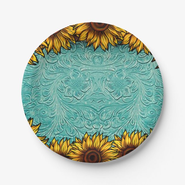 Assiettes En Carton Turquoise Leather Tooled Bright Sunny Sunflowers (Devant)