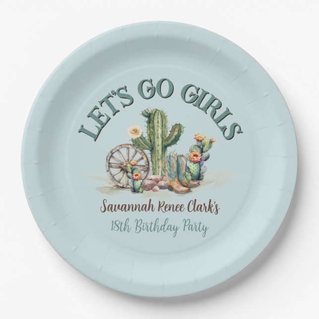 Assiettes En Carton Turquoise Lets Go Girls Cowgirl thème Anniversaire (Devant)