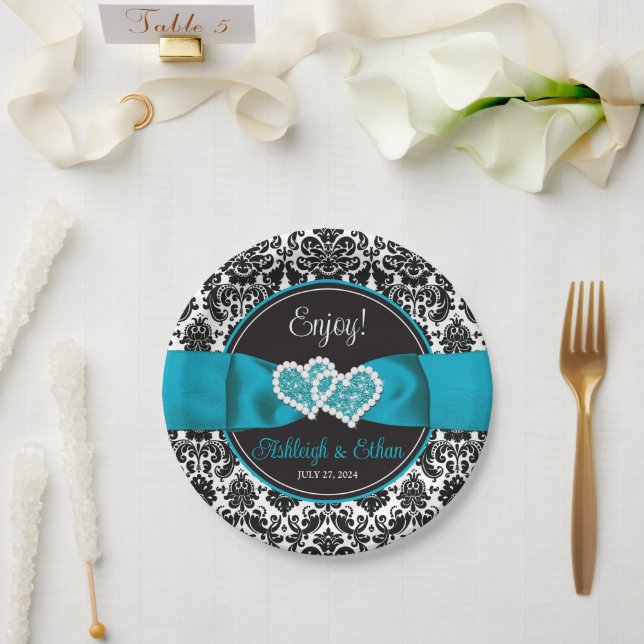 Assiettes En Carton Turquoise, Noir Damask Love Hearve Mariage (Mariage)