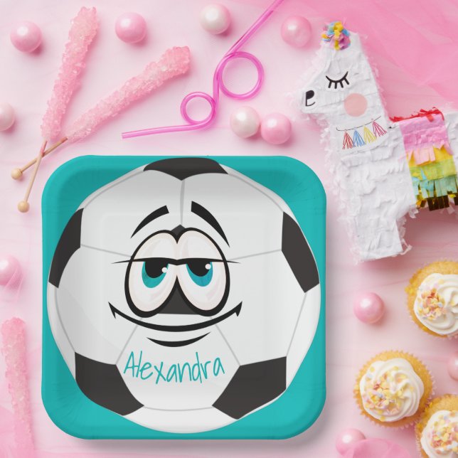 Assiettes En Carton Turquoise noir et blanc balle de football drôle vi (Fête)