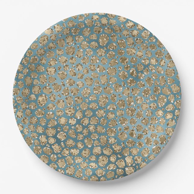 Assiettes En Carton Turquoise or bleu vert brillant Empreinte de léopa (Devant)