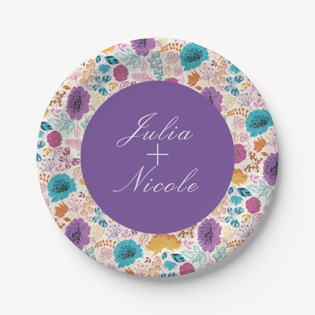 Assiettes En Carton Turquoise Purple Jaune Fleurs de prairie de printe (Devant)