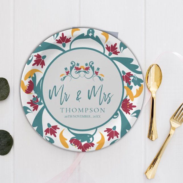 Assiettes En Carton Turquoise Rouge Ornamental M. Mme Nom Mariage (Teal Red Ornamental Mr Mrs Name Wedding Party Paper Plates)