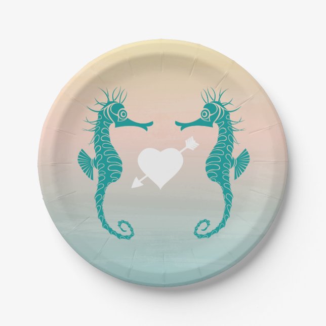 Assiettes En Carton Turquoise Seahorse Blue Peach Plage Mariage Amour (Devant)