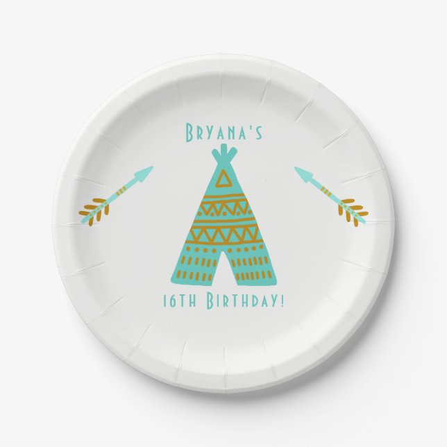 Assiettes En Carton Turquoise Turquoise Gold Tepee Sweet 16 Anniversai (Devant)