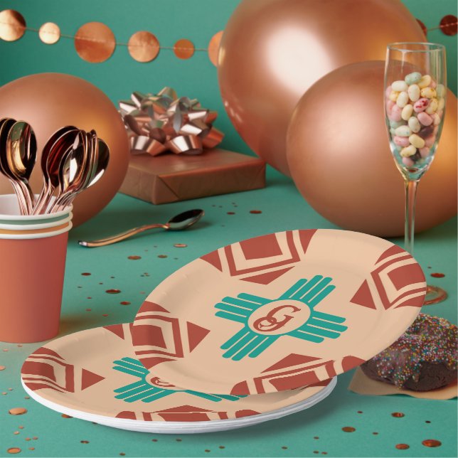 Assiettes En Carton Turquoise Zia Tribal Brown Tan (Multi)