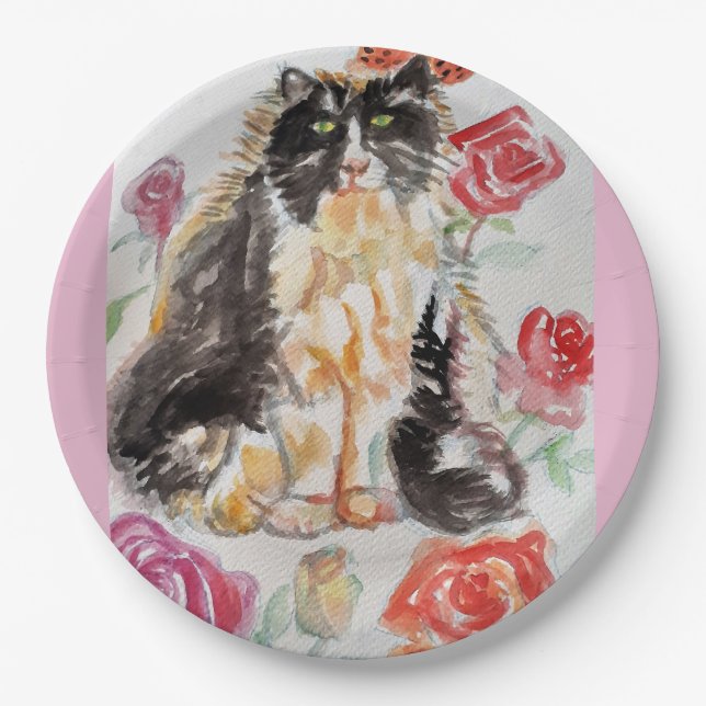 Assiettes En Carton Tuxedo Chat Cute Rose Fleurs Chats Aquarelle Rose (Devant)