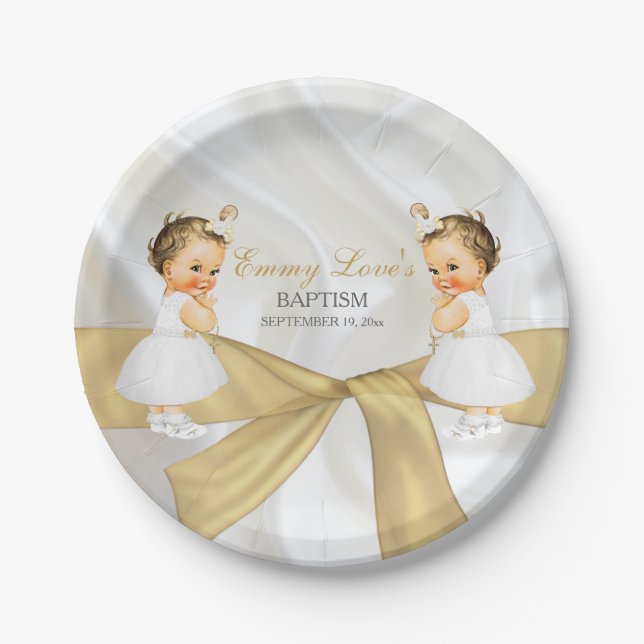 Assiettes En Carton Twin Baby Girls Baptême Christening Or Blanc (Devant)