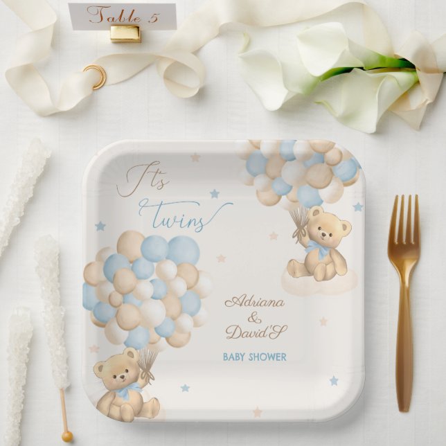 Assiettes En Carton Twin Boys Blue Bear Balloons Baby shower (Mariage)