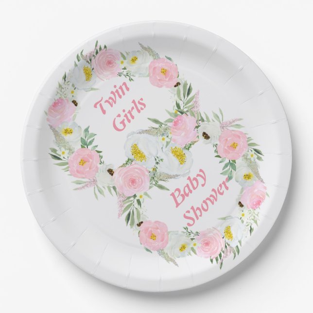 Assiettes En Carton Twin Girls Baby shower d'aquarelle rose Floral (Devant)