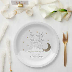 Assiettes En Carton Twinkle Little Star Moon Baby shower gris