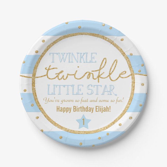 Assiettes En Carton Twinkle Twinkle Bleu et Or Plaques d'anniversaire (Devant)
