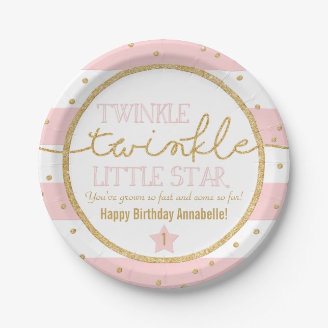 Assiettes En Carton Twinkle Twinkle rose et or Plaques d'anniversaire (Devant)