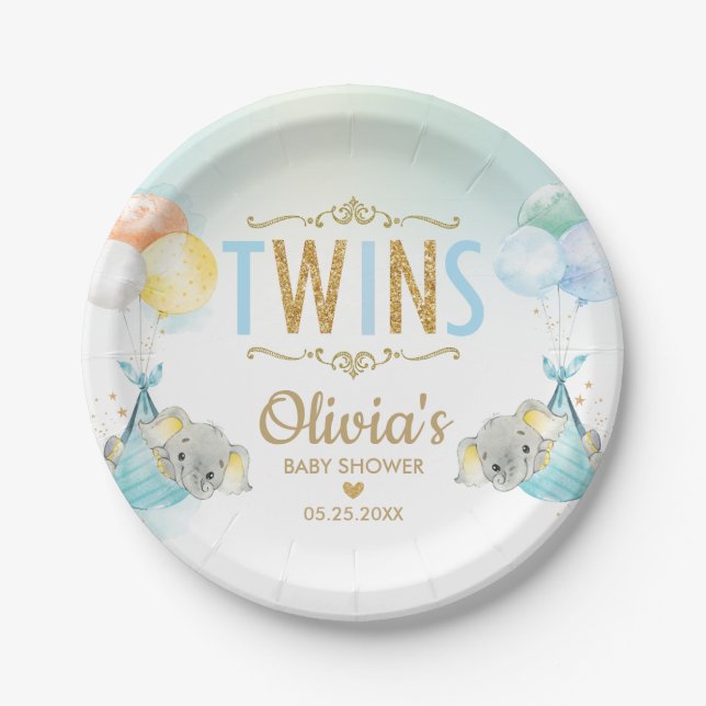 Assiettes En Carton Twins Baby Boys Elephant Balloons Baby shower (Devant)