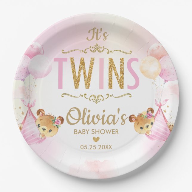 Assiettes En Carton Twins Baby Girls mignonnes ours Ballons Baby showe (Devant)