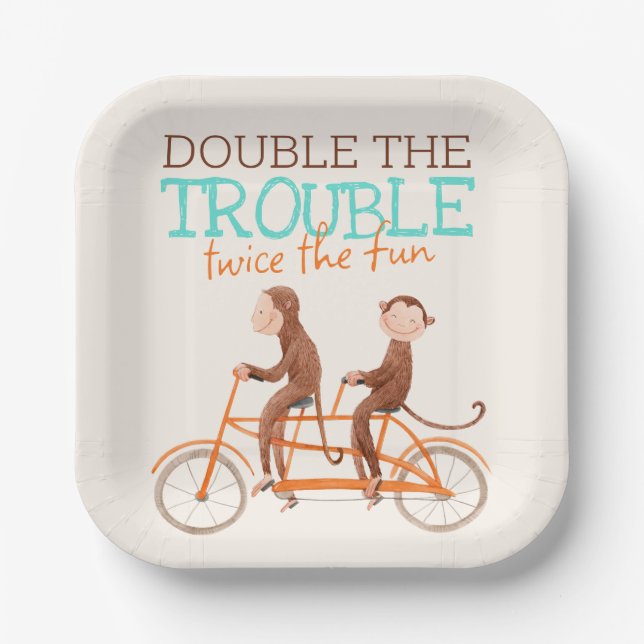 Assiettes En Carton Twins Baby shower mignon singe double problème (Recto)