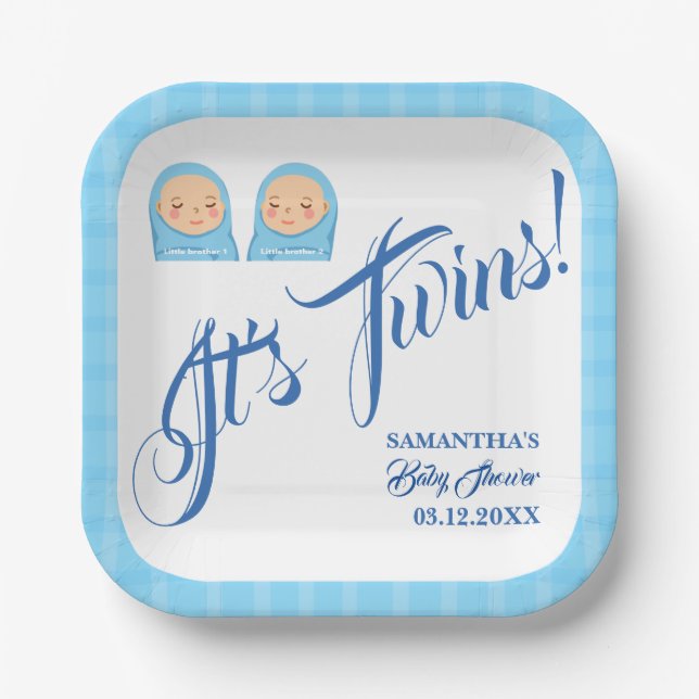 Assiettes En Carton Twins Boys Baby shower Party Blue. (Recto)