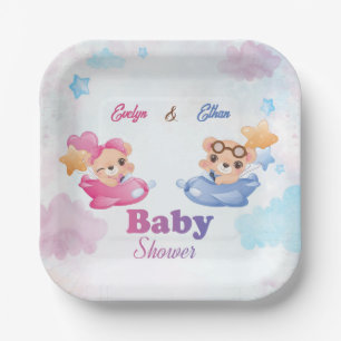Assiettes En Carton Twins Girl Boy Bear Baby shower d'avion