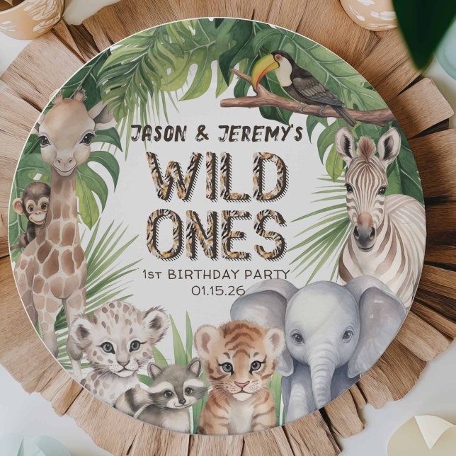 Assiettes En Carton Twins Wild one Safari animaux jungle 1er anniversa (Wild one 1st birthday, Safari animals themed boy first birthday celebration paper plates.)