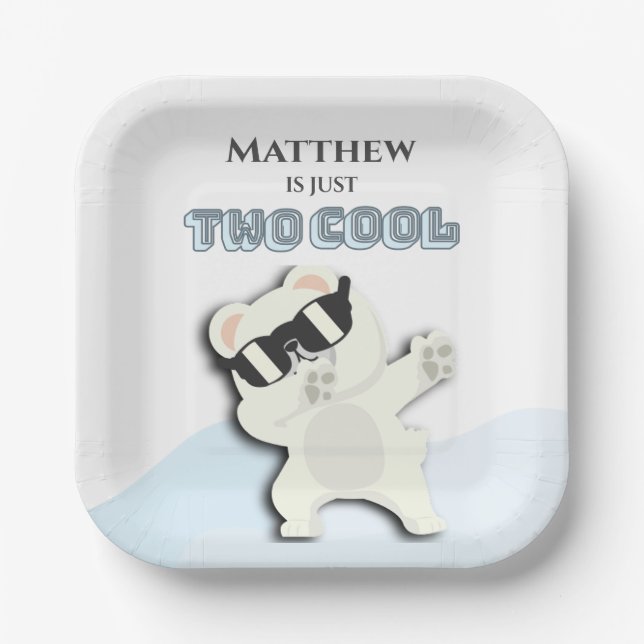 Assiettes En Carton Two Cool Winter Polar Bear dabbing 2nd bday (Recto)