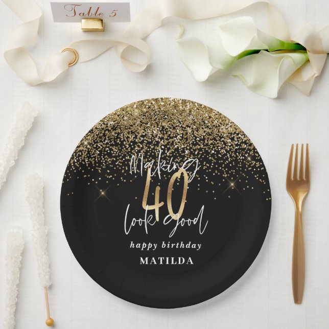 Assiettes En Carton Typographie 40e anniversaire moderne parties scint (Mariage)