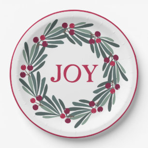 Assiettes En Carton Typographie "JOY" Holly Berry Wreath Red